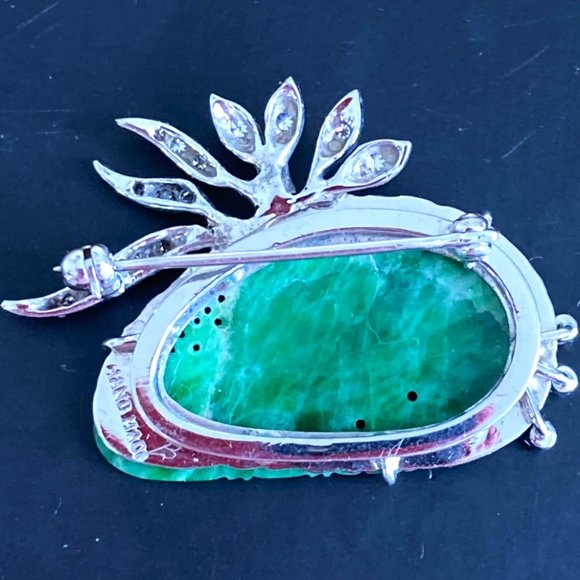 Vintage brooch & earrings in white gold, jade & diamonds - Picture 4 of 8